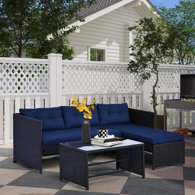 Outsunny 3pcs Outdoor Rattan Wicker Sofa and Chaise Lounge Set with Cushion Garden Patio Furniture Black and Dark Blue - Thirty Six Knots - thirtysixknots.com