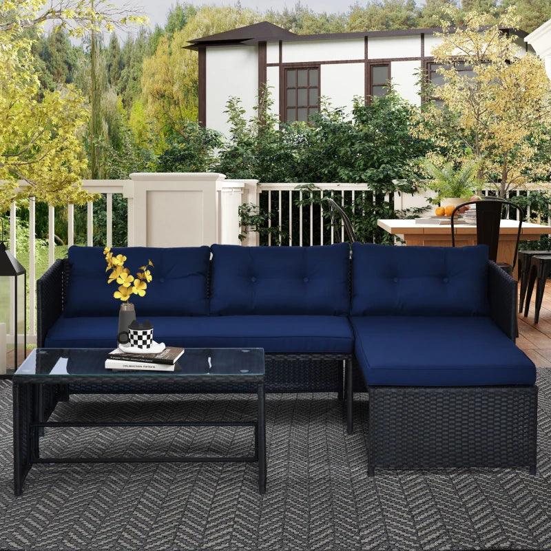 Outsunny 3pcs Outdoor Rattan Wicker Sofa and Chaise Lounge Set with Cushion Garden Patio Furniture Black and Dark Blue - Thirty Six Knots - thirtysixknots.com