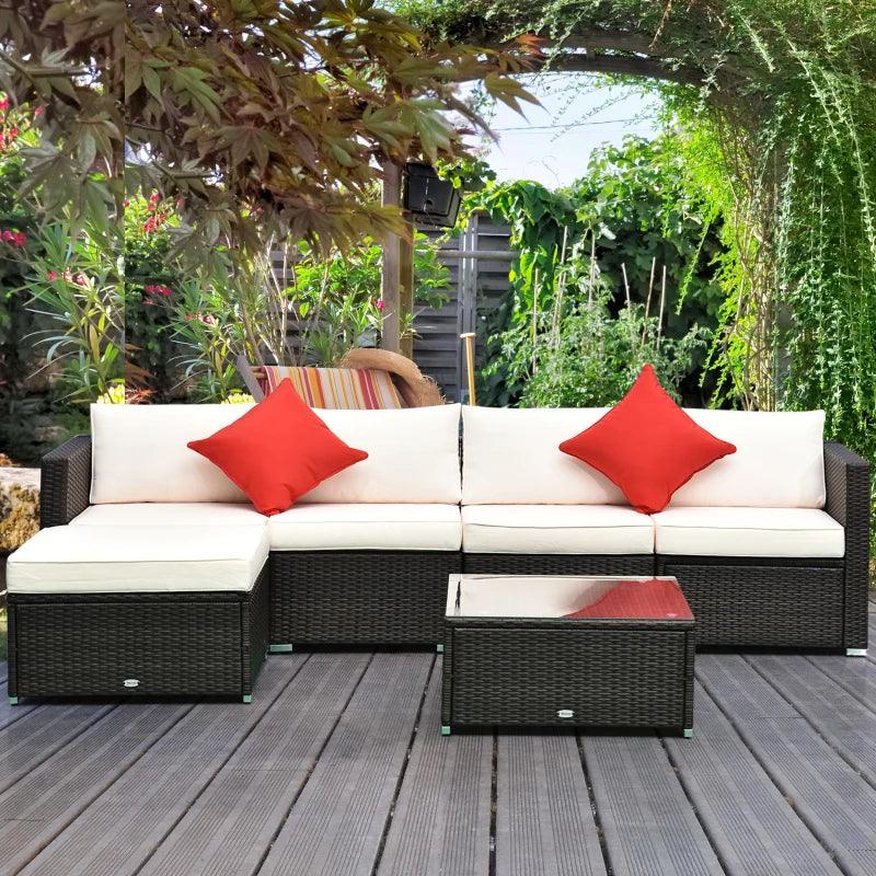 Outsunny 6 Pieces Outdoor PE Rattan Wicker Patio Furniture Sofa Set with Thick Cushions, Deluxe Garden Sectional Couch with Glass Top Table, Dark Coffee and Cream White - Thirty Six Knots - thirtysixknots.com