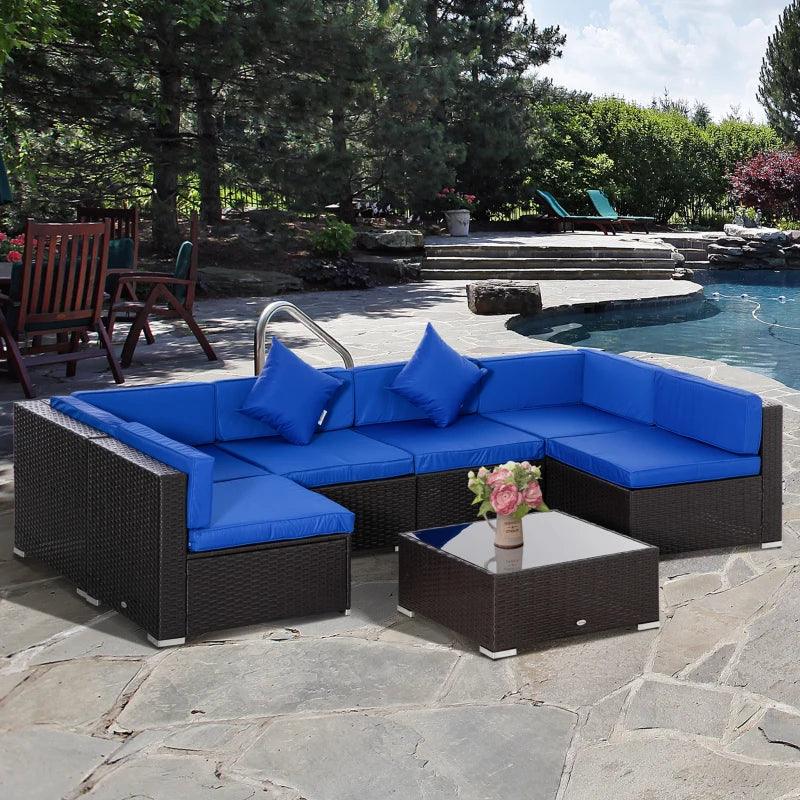 Outsunny 7 Pieces Outdoor Rattan Furniture Set, Patio Wicker Sectional Conversation Sofa Set, Blue - Thirty Six Knots - thirtysixknots.com