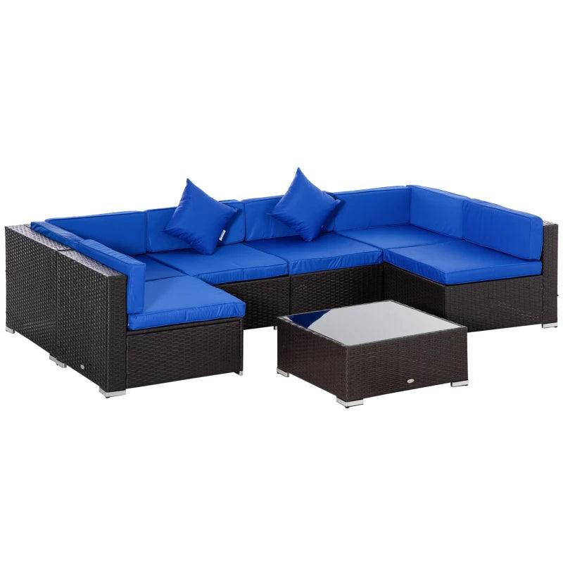 Outsunny 7 Pieces Outdoor Rattan Furniture Set, Patio Wicker Sectional Conversation Sofa Set, Blue - Thirty Six Knots - thirtysixknots.com