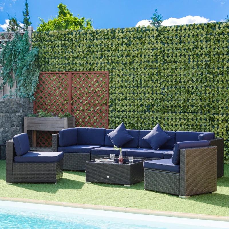 Outsunny 7 Pieces Patio Furniture Set, Rattan Outdoor Conversation Set Garden Wicker Sofa Set, Sectional Furniture, Navy - Thirty Six Knots - thirtysixknots.com