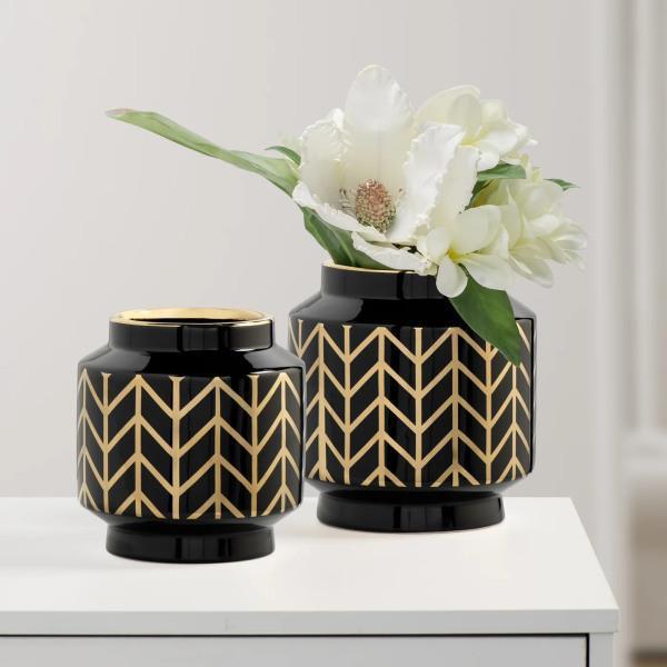 ELEMENTS CHEVRON GOLD STRIPE PATTERN BLACK CERAMIC PLANTER VASE - Thirty Six Knots - thirtysixknots.com