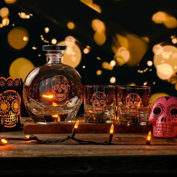 Sugar Skull 3 Piece Whiskey Decanter Gift Set - Halloween - Thirty Six Knots - thirtysixknots.com