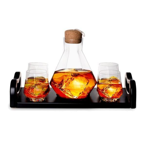 Whiskey Diamond Decanter & 4 Diamond Glasses - Mahogany Tray - Thirty Six Knots - thirtysixknots.com