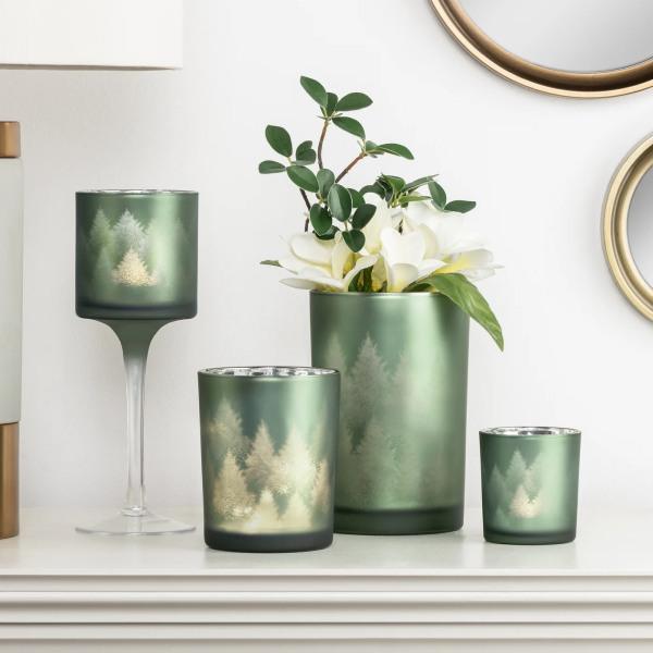 Evergreen Forest Frosted Mirror Glass Hurricane Vase & Pedestal Tealight Holder - Thirty Six Knots - thirtysixknots.com