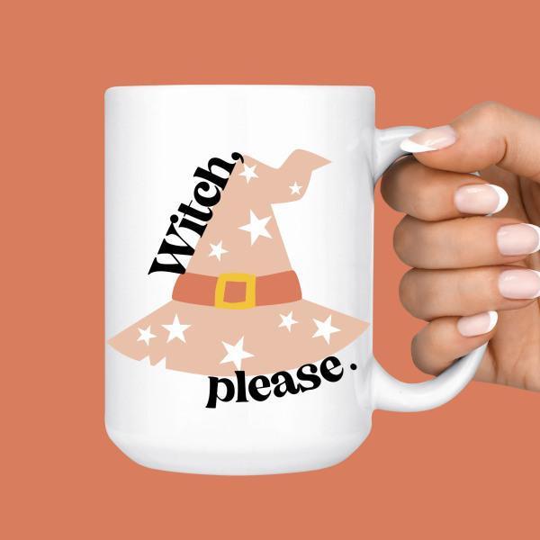 15oz Witch Please Mug, Pink Witch Hat Cup, Boho Halloween - Thirty Six Knots - thirtysixknots.com