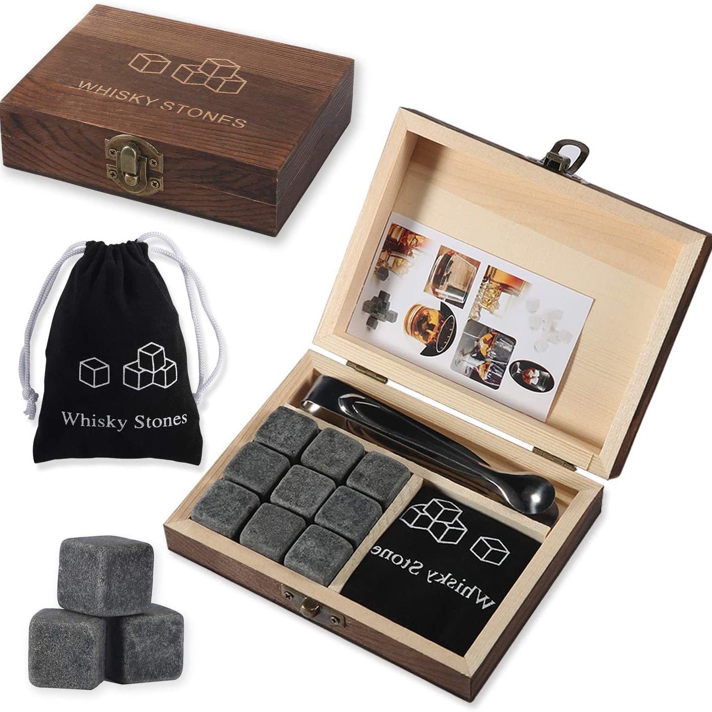 Whiskey Stones Christmas Gift Set: Tricolor Ice Stones in a Wooden Box for Whiskey & Wine