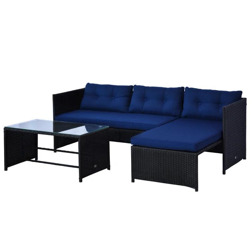 Outsunny 3pcs Outdoor Rattan Wicker Sofa and Chaise Lounge Set with Cushion Garden Patio Furniture Black and Dark Blue - Thirty Six Knots - thirtysixknots.com