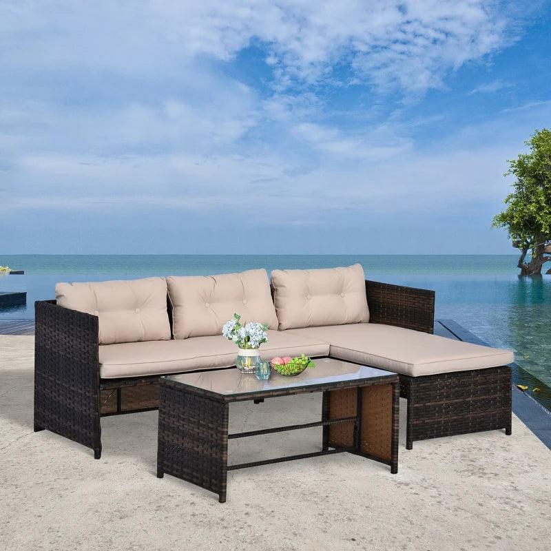 Outsunny 3pcs Outdoor Rattan Wicker Sofa and Chaise Lounge Set with Cushion Garden Patio Furniture Brown and Beige - Thirty Six Knots - thirtysixknots.com