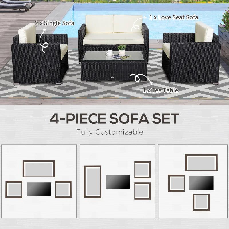 Outsunny 4 Pieces Sectional Patio Furniture Set, Rattan Wicker Patio Chairs Outdoor Coffee Set with Cushions, Cream White - Thirty Six Knots - thirtysixknots.com