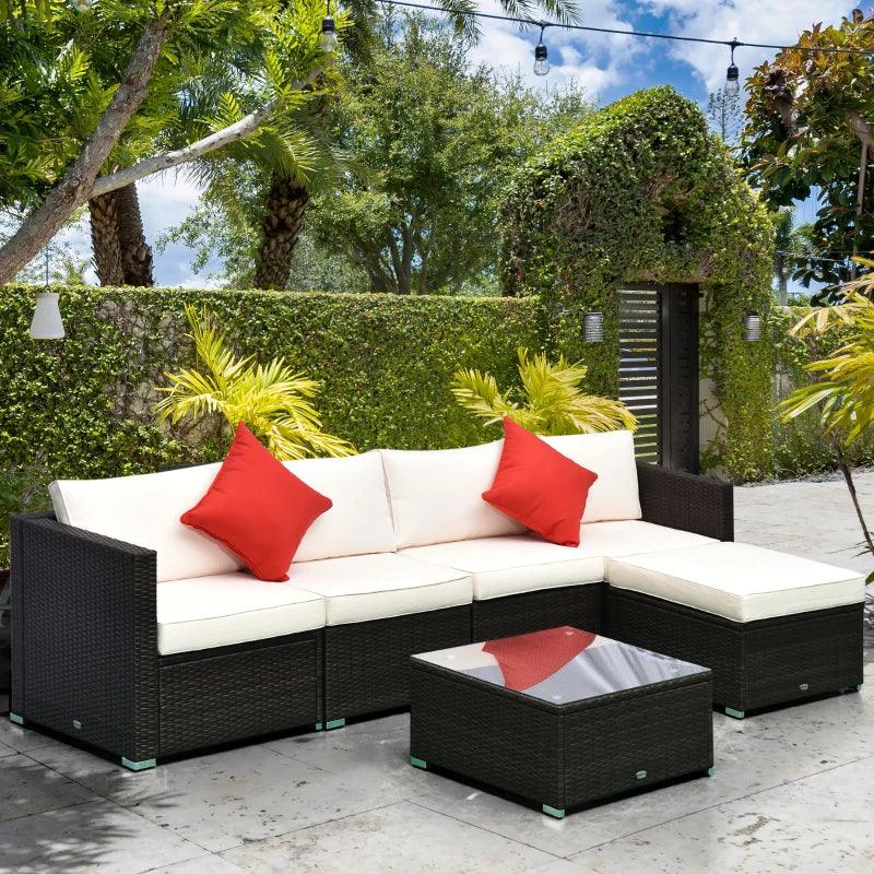 Outsunny 6 Pieces Outdoor PE Rattan Wicker Patio Furniture Sofa Set with Thick Cushions, Deluxe Garden Sectional Couch with Glass Top Table, Dark Coffee and Cream White - Thirty Six Knots - thirtysixknots.com