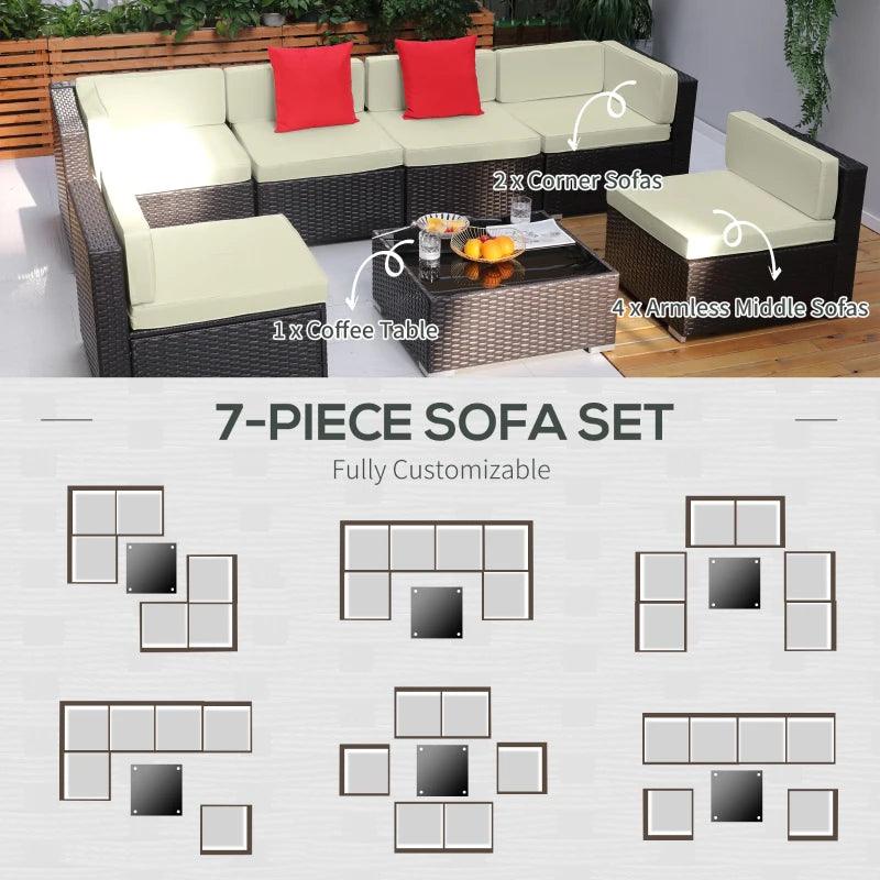 Outsunny 7 Pieces Patio Sofa Outdoor Wicker Sectional Patio Furniture, Dark Brown & Beige - Thirty Six Knots - thirtysixknots.com