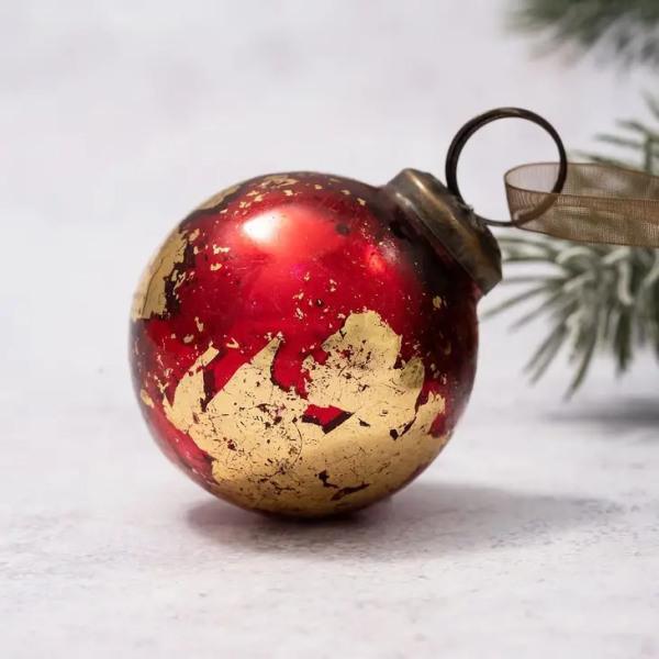2" Medium Red With Gold Foil Glass Ball Christmas Decoration - Thirty Six Knots - thirtysixknots.com