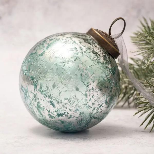 4" Extra Large Mint with Silver Foil Crackle Glass Ball - Thirty Six Knots - thirtysixknots.com