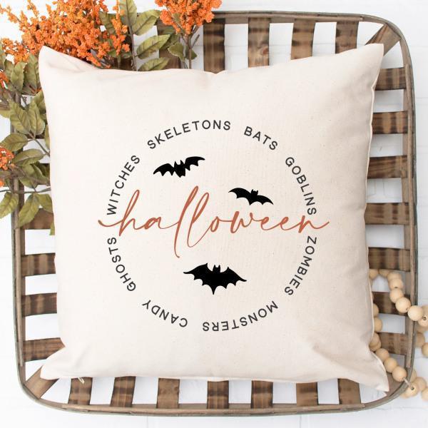 Halloween Words Circle Pillow, Fall, Autumn, Decor - Thirty Six Knots - thirtysixknots.com