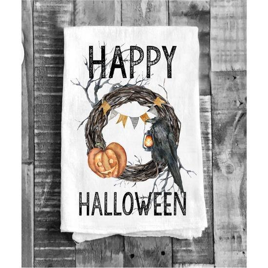 Happy Halloween Wreath Cotton Tea Towels Kitchen - Thirty Six Knots - thirtysixknots.com