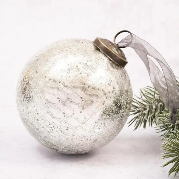 4" Extra Large Silver Crackle Glass Christmas Bauble - Thirty Six Knots - thirtysixknots.com