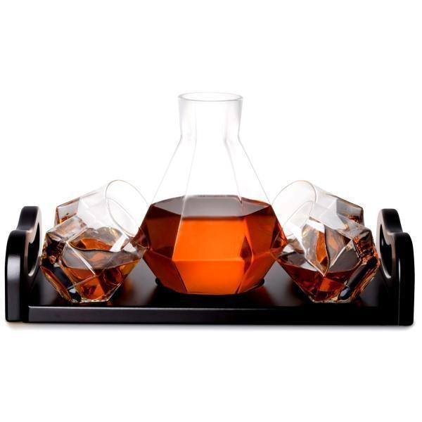 Whiskey Diamond Decanter & 4 Diamond Glasses - Mahogany Tray - Thirty Six Knots - thirtysixknots.com