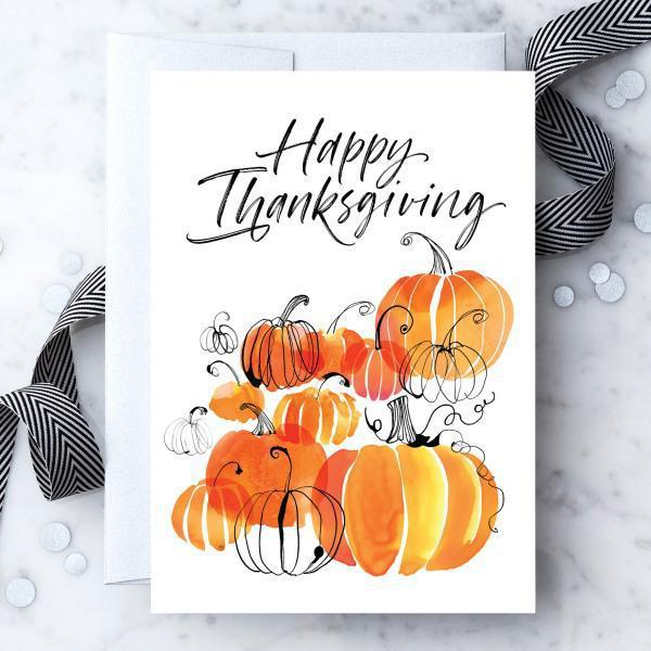 "Happy Thanksgiving" Watercolor Pumpking Greeting Card - Thirty Six Knots - thirtysixknots.com